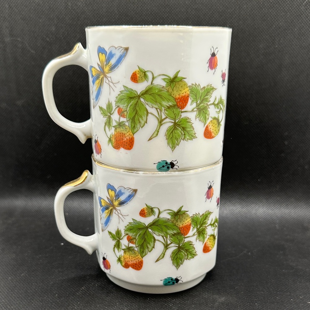 Elegant Strawberry and Insect Design Mugs Set of 2 Stackable Mugs
